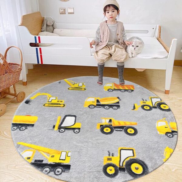 Poowe Round Construction Trucks Kids Area Rug Soft Fluffy Kids Construction Rugs for Playroom Nonslip Digger Nursery Rug for Boys Room,4FT - Image 3