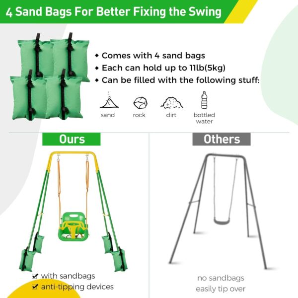 FUNLIO Toddler Swing with 4 Sandbags, Heavy-Duty Kid Swing with Safety Harness for Garden, Indoor Swing for Baby with Folding Metal Stand, Outdoor Play Equipment for Children - Light Green - Image 4