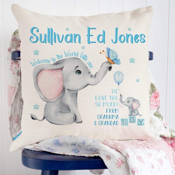 KRAFTYGIFTS Personalised Christening Gift Elephant Cushion Cover Baby Boy Girl Pillow KC (Baby Boy KC93) - Image 2