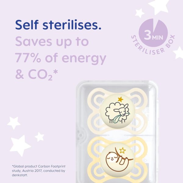 MAM Perfect Night Soothers 2-6 Months (Pack of 2), Thinner and Softer Baby Soother, Glow in the Dark Soother with Self Sterilising Travel Case, Newborn Essentials, White (Designs May Vary) - Image 6