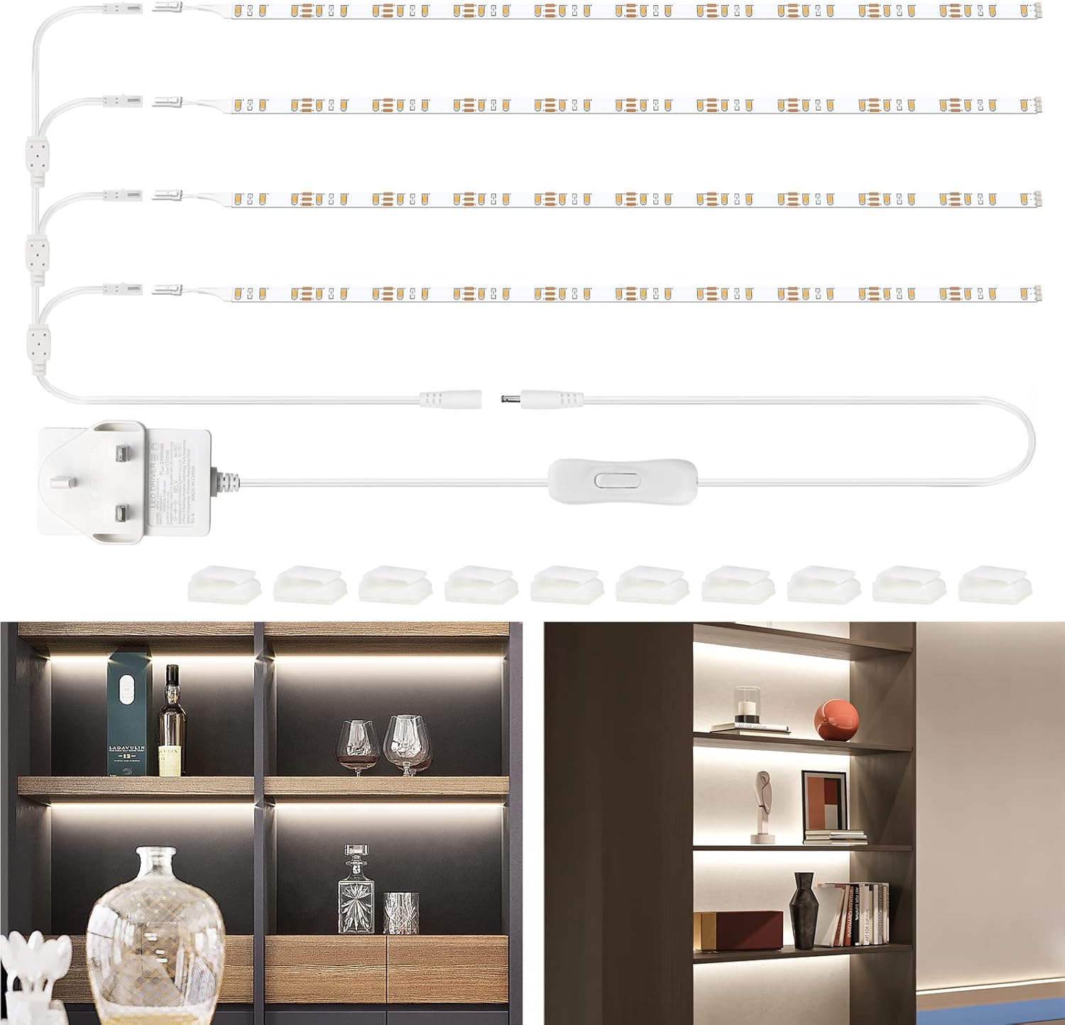 71tgVPnAZL._AC_SL1500_.jpg WOBANE LED Shelf Lights,Flexible LED Strip Lights with Switch,Display Lights for Cabinet,Showcase,Bookshelf,Pantry,Shelves,Cupboards,4 * 50cm 12v Strip Bars Set,120 LEDs,1200lm,6000K White - Image 1