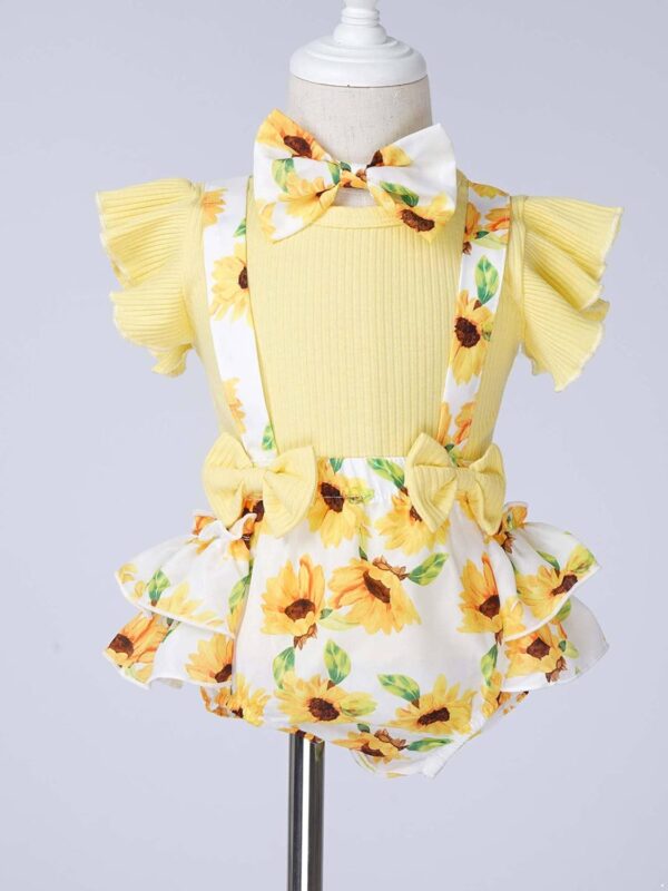 inlzdz Newborn Baby Girls Summer Shorts Sets Ruffle Sleeve Shirt Top + Floral Suspender Shorts Bloomers + Headband Outfit - Image 3