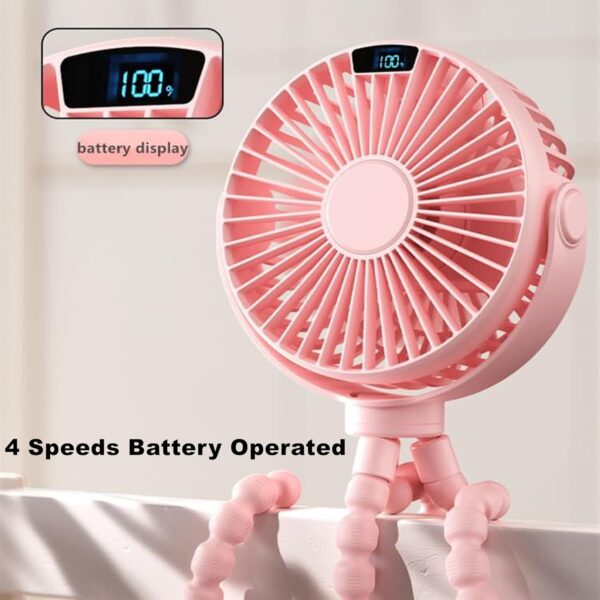 Mini Portable Baby Stroller Fan, 4 Speeds Battery Operated Small Handheld Desk Fan, 4000mAh Battery Operated Rechargeable 360°Flexible Tripod Cooling Fan for Car Seat Crib Treadmill Golf Cart Travel - Image 3