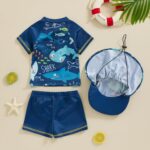 WERNZATT Toddler Baby Boys 3 Pieces Swimsuit Set Swimwear Dinosaur Shark Zipper Bathing Suit UPF 50+ Rash Guards with Hat - Image 3