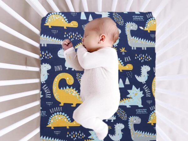 Cot Bed Sheets for Girl Boys | Cot Bed Fitted Sheets 140x70cm | Travel Cot Fitted Sheet Easy Care Soft Cotton and Dureable, Dinosaur Crib Sheets for Toddler Mattresses - Image 3