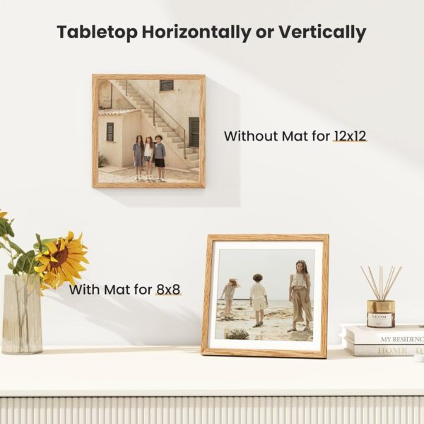 Picture Frame 12×12, Oak Wood 12×12 inch Square Photo Frame, 3 Pack 12×12 Frame with Mount for 8x8 Photo Frames, Vertical & Horizontal Wall Hanging Picture Frame for Home Poster Prints Decor - Image 4