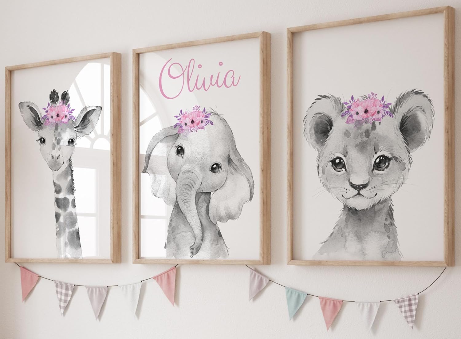 71v2dvskVvL._AC_SL1500_.jpg Safari Animals Baby Girls Nursery Bedroom Prints, Unframed Set of 3 with Personalised Name, Nursery Wall Art Decor Gift Present in Grey Pink, Giraffe Elephant Lion (A4) - Image 1
