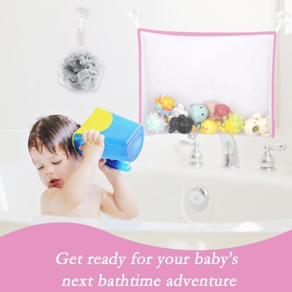 Unaone 2-Pack Bath Toy Storage Set - Hanging Mesh Bathtub Toy Organizer with Letters & Numbers, Pink Bathroom Decor for Kids, Space-Saving Bath Net for Baby, Toddler,& Kids - Image 3