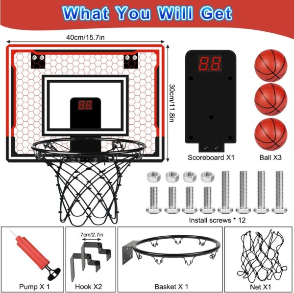 OSDUE Mini Basketball Hoop, Basketball Hoop for Kids, Indoor Basketball Hoop Toys with Net, 3 Balls, Air Pump, Electronic Scoreboard, for Door Bedroom Outdoor Mini Hoop Games Sport Toys Gifts-B - Image 2