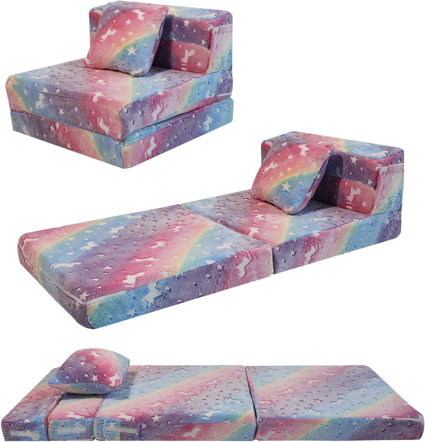 71vkNRYyxqL._AC_SL1500_.jpg MeMoreCool Glow Rainbow Unicorn Tri-Fold Sofa Bed for Kids, Foldable Futon Mattress, Chair, and Floor Couch for Playroom - Image 1