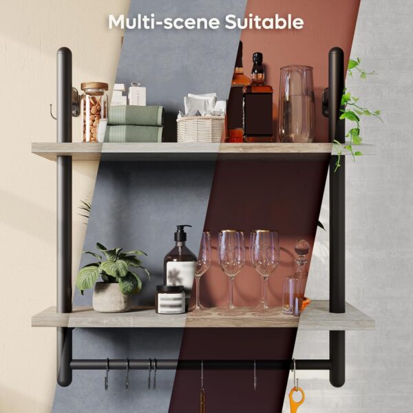 Bestier Floating Shelves Kitchen Shelves Wall Mounted 24" Wood Floating Shelf Bathroom 2 Tier Ladder Shelves with Tower Bar, Wall Decor for Bedroom, Living Room, Wine bar & Dorm,Grey Oak - Image 4