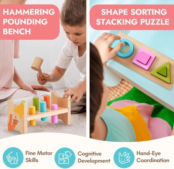 Giant bean Montessori Toys Set for Baby 12-18 Month, 8-in-1 Wooden Learning Toys with Ball Drop Roll Tower, Multifunctional Object Permanence Box, Hammer, Shape Sorting Stacking Cube Cups, Gift for 1+ - Image 5