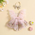 Dubute Baby Girls Rompers Dress Lace Trim Butterfly Pattern Embroidered Fly Sleeve Tulle Skirt Hem Bodysuits Clothes with Headband - Image 3