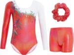 Gogokids Girls' Three-Piece Longsleeve Gymnastics Leotard Set - Kids Gymnastics Outfits with Gradient Sequin Design Includes Leotard, Shorts and Hair Tie, Sparkling Ballet Unitards for Ages 3-12