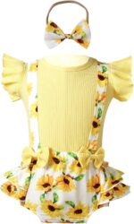 inlzdz Newborn Baby Girls Summer Shorts Sets Ruffle Sleeve Shirt Top + Floral Suspender Shorts Bloomers + Headband Outfit