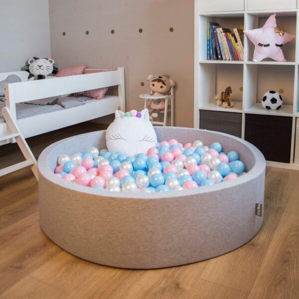 KiddyMoon Soft Ball Pit Round 120X30cm/200 Balls ∅ 7Cm / 2.75In For Kids, Foam Ball Pool Baby Playballs Children, Made In The EU, Pink:White-Grey-Powder Pink - Image 7