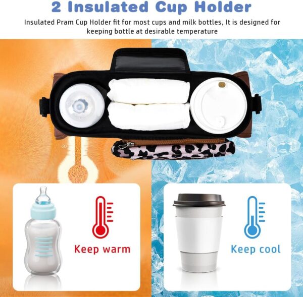 Tyuodna Baby Pram Bag Stroller,Universal Stroller Bag with 2 Insulated Cup Holder,Large Capacity Baby Bag Organiser,Buggy Organiser Bag with Shoulder Strap&Non-Slip Secure Hooks (Leopard Print) - Image 3