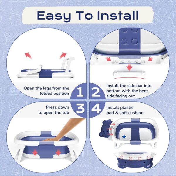 COOSEYA Baby Bath Tub Foldable, Baby Bathtub Collapsible Essentials for Newborn with Soft Cushion (0-18Months), Baby Shower for Infant to Toddler Gift Portable Space-Saving Travel, Navy Blue - Image 7