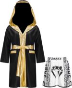 Miaeowve Kids Boys Boxing Outfit Open Front Hooded Grown Cloak Metallic Satin Robe with Belt and Boxer Shorts Set