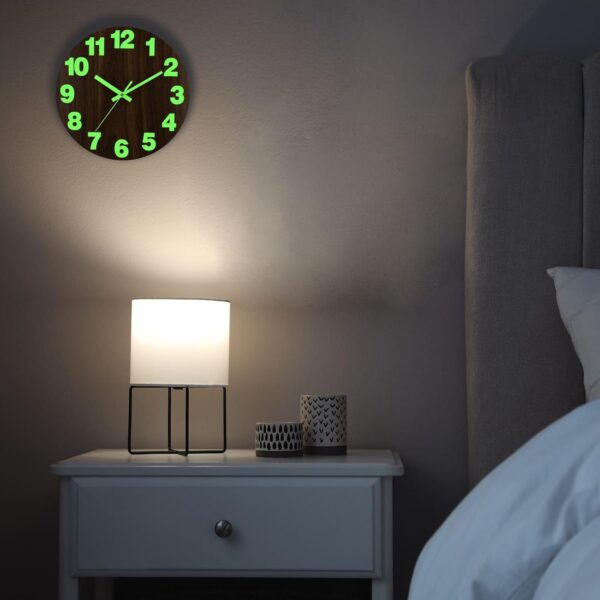 Plumeet Night Light Wall Clock, 12 Inch Wooden Glow in the Dark Clock for Bedroom, Silent Lighted up Wall Clock Luminous Numerals and Hands, Battery Operated for Living Room/Kitchen, Brown - Image 6