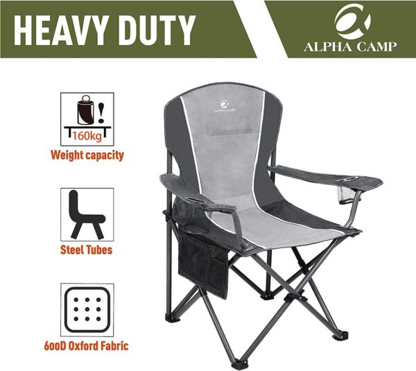 ALPHA CAMP Oversized Camping Folding Portable Chair Heavy Duty Steel Frame Support 160kg Arm Chair with Cup Holder Quad Lumbar Back Chair for Outdoor/Indoor_Gray-Black - Image 4
