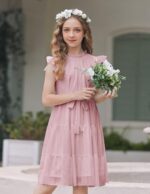 Arshiner Girls Dresses Ruffle Sleeve Summer Dress Ruffle Neck Chiffon Dress Solid Color Children's Dress Elegant A Line Party Dress Children Festive Dress with Belt 5-13 Years - Image 4