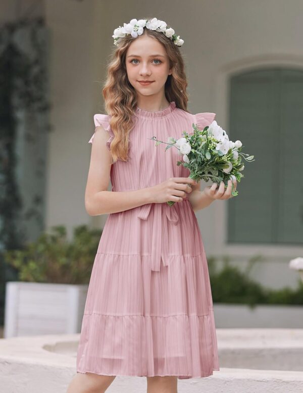 Arshiner Girls Dresses Ruffle Sleeve Summer Dress Ruffle Neck Chiffon Dress Solid Color Children's Dress Elegant A Line Party Dress Children Festive Dress with Belt 5-13 Years - Image 4