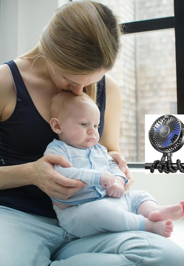 Mini Portable Baby Stroller Fan, 4 Speeds Battery Operated Small Handheld Desk Fan, 4000mAh Battery Operated Rechargeable 360°Flexible Tripod Cooling Fan for Car Seat Crib Treadmill Golf Cart Travel - Image 4