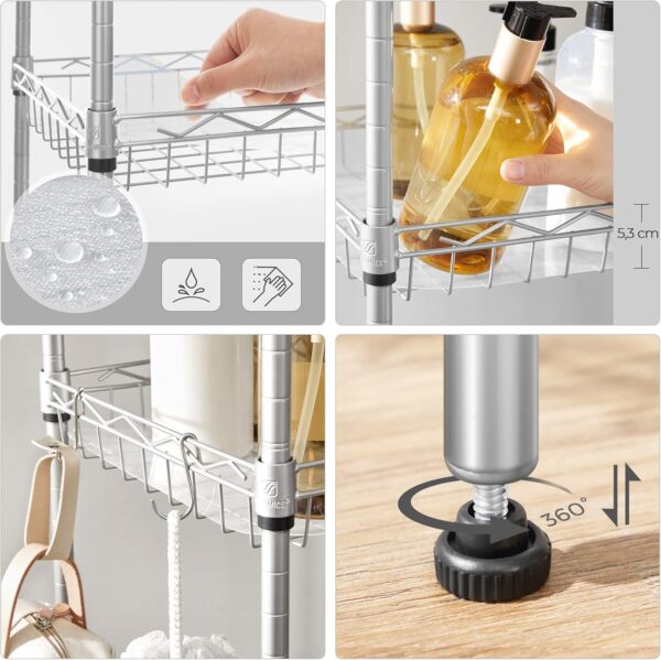 SONGMICS Metal Storage Shelf, Wire Basket Shelving Unit, Kitchen Storage Rack, 4 Hooks, PP Sheets, Adjustable Shelves, Total Load Capacity 100 kg, for Bathroom, Pantry, Small Spaces, Silver LGR105E01 - Image 7