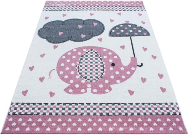 Bravich Kids Nursery Rug Extra Large Pink/Grey/White Baby Elephant & Hearts Design Pastel Colours Super Soft Thick Anti-Allergic Children's Bedroom Nursery Area Rug 160x230 cm (5ft3 x 7ft7) - Image 2