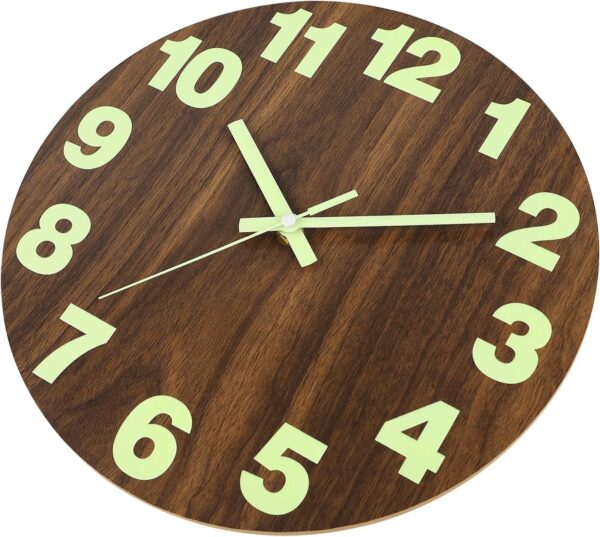 Plumeet Night Light Wall Clock, 12 Inch Wooden Glow in the Dark Clock for Bedroom, Silent Lighted up Wall Clock Luminous Numerals and Hands, Battery Operated for Living Room/Kitchen, Brown - Image 8