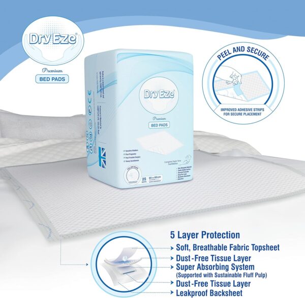 DryEze Super Absorbent Disposable Incontinence Bed Pads for Mattress Furniture Sofa Chair Protector Pet Training, Puppy Pad - High Absorbency Mats (60x60 cm (Pack of 25)) - Image 2