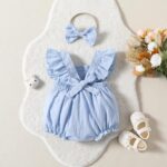 Yanmucy Baby Girls Cotton Rompers Newborn Toddler Ruffle Sleeveless Backless Bodysuit with Headband Summer Baby Overall Outfits 0-18 Months - Image 3