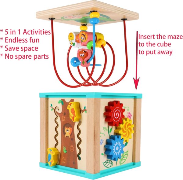 TOWO Wooden Activity Cube Beads Maze -5 Activities Roller Coaster Abacus Cog Wheels Gears Clock Zig Zag Slide-Early Educational toys for Baby -Educational Wooden Toys for 1 year old Montessori Toys - Image 2