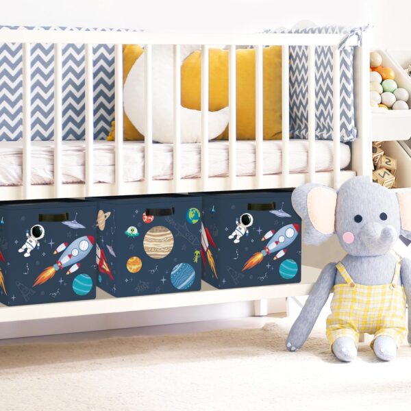 Clastyle 3 Pcs Space Kid Storage Cube Organizer Set Rocket Closet Clothes Cube Storage Bin Blue Nursery Toddler Toy Box Chest Astronaut Book Shelf Basket - Image 4