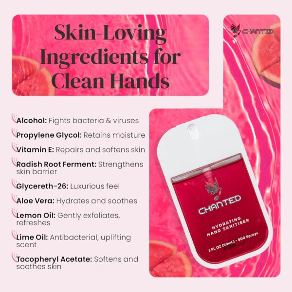 Chanted Mini Hydrating Hand Sanitiser Spray | Travel size 30ml (Watermelon) - Image 2