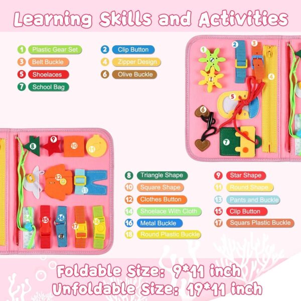 khlerox Busy Board Montessori Toy for Toddlers, Educational Learning Activity Sensory Board, Developing Sensory Toy for Fine Motor Skills, Travel Toy for Plane Car, Gift for Boys Girls (Pink) - Image 2