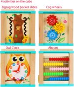TOWO Wooden Activity Cube Beads Maze -5 Activities Roller Coaster Abacus Cog Wheels Gears Clock Zig Zag Slide-Early Educational toys for Baby -Educational Wooden Toys for 1 year old Montessori Toys - Image 4