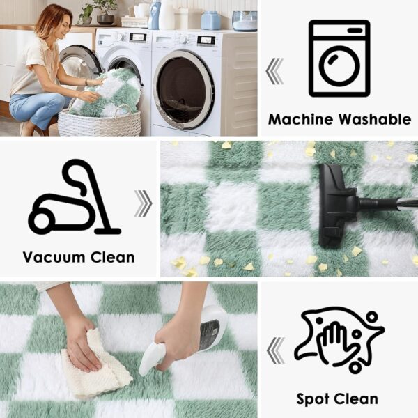 KICMOR 4x6 Rug for Bedroom Living Room, Fluffy Sage Green and White Checkered Area Rugs, Fuzzy Shag Shaggy Floor Carpet Soft Plush Checkerboard Rug for Children Kids Boys Room, Nursery, Classroom - Image 3