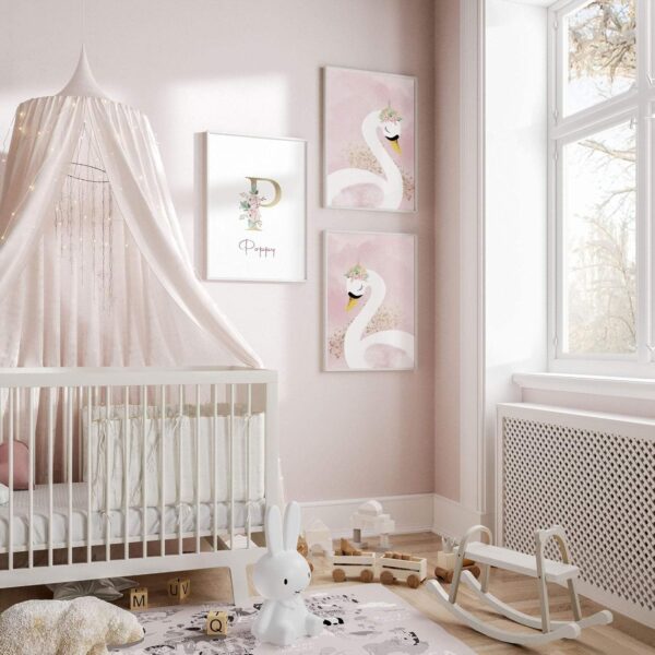 Swans Set of 3 Large Wall Art with Frames, Nursery Framed Wall Pictures, Playroom Wall hangings, Baby Girl Children Bedroom, A4, A3, A2, 20x30 in Black Frame A2 16.54 x 23.39 in / 42 x 59.4 cm - Image 5