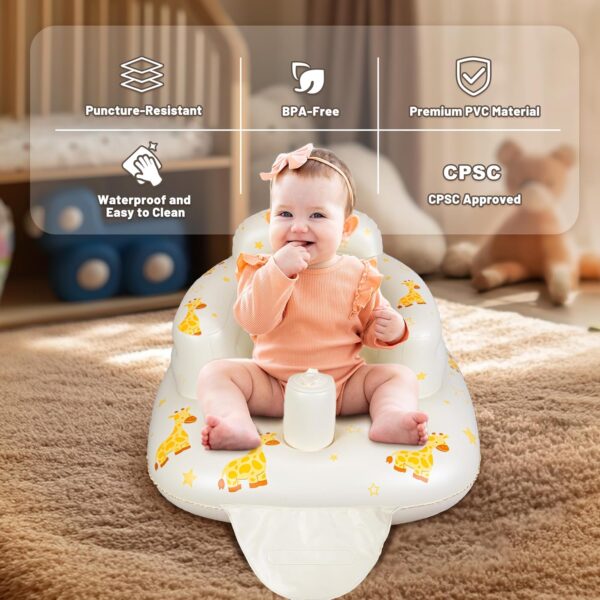 JOSEN Inflatable Baby Seat for Babies 3 Months & Up, Baby Floor Seats Learn to Sit Up, Portable Infant Feeding Shower Chair, Blow Up Baby Chair with Built in Air Pump - Giraffe - Image 3