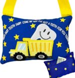 Tooth Fairy Pillow w/ Fun Dump Truck Design - Tooth Fairy Tooth Holder w/ Handle -Large Pocket, Easy Hang Tooth Fairy Accessories for boys - Perfect Tooth Fairy Gift with Cute Saying - 4 x 6 inches