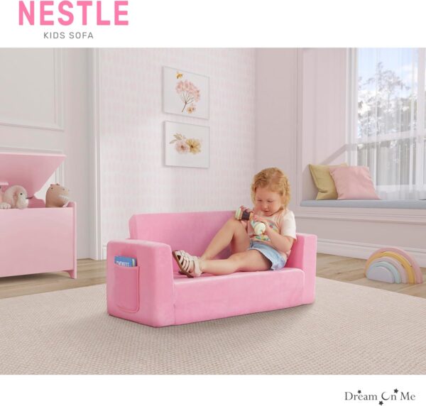 Dream On Me Nestle Kids Sofa in Pink, 2-in-1 Kids Sofa Couch, Convertible Sofa to Lounger, Low to Floor Design, Machine Washable Fabric Cover - Image 2