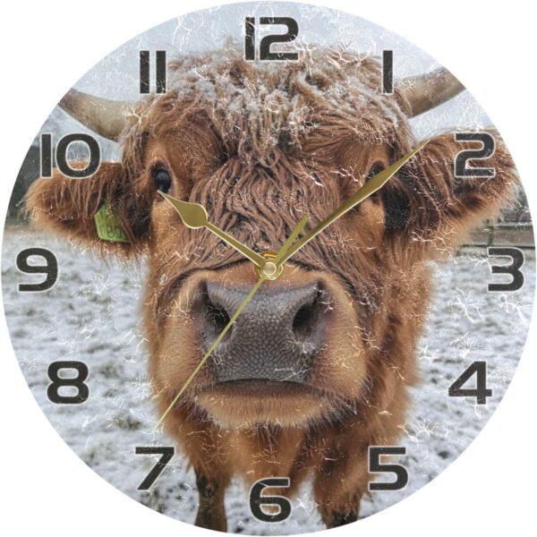 Ewusp Highland Cow Wall Clock Battery Operated Silent Non-Ticking Clock Round Quartz Decorative Clock for Kitchen Living Room Bedroom Office School Nursery, 25x25 cm - Image 5