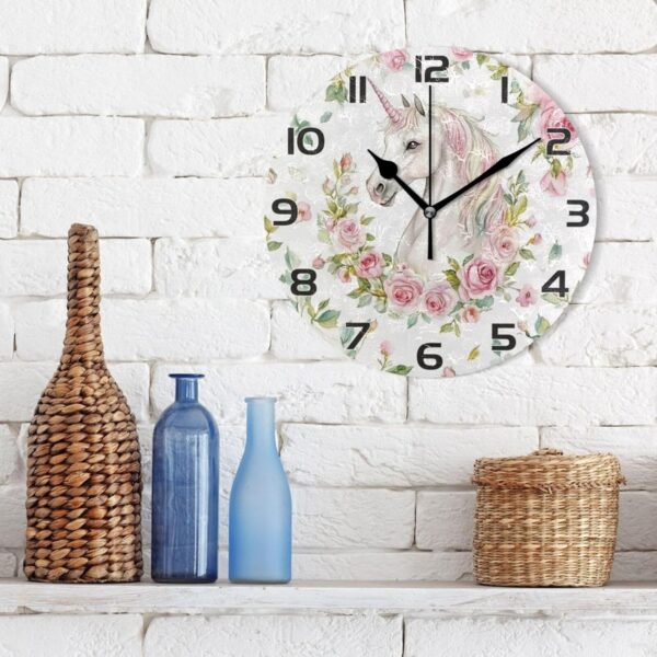 Ewusp Unicorns Flowers Wall Clock Battery Operated Silent Non-Ticking Clock Round Quartz Decorative Clock for Kitchen Living Room Bedroom Office School Nursery, 25x25 cm - Image 3