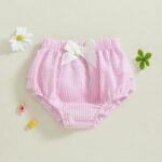 Acrawnni Newborn Baby Girl Ruffle Diaper Cover Striped Plaid Print Elastic Waist Linen Bloomers Infant Detail Bow Frilly Triangle Shorts - Image 2
