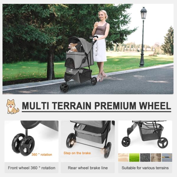 Zevcri Dog Pram for Small Dogs Easy Fold Cats Travel Pet Dog Stroller Foldable Dog Carriers for Medium Dogs Pushchair Buggy Wagon Trolley with 3 Rubber Wheels Storage Basket, Black (Dark Grey) - Image 6