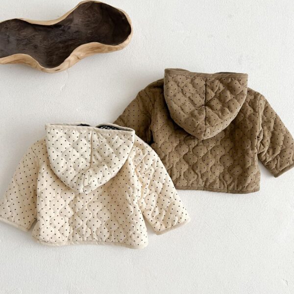 De feuilles Newborn Baby Boys Girls Quilted Hooded Coat Jacket Winter Warm Fleece Lining Button Down Outwear with Polka Dot Print - Image 4