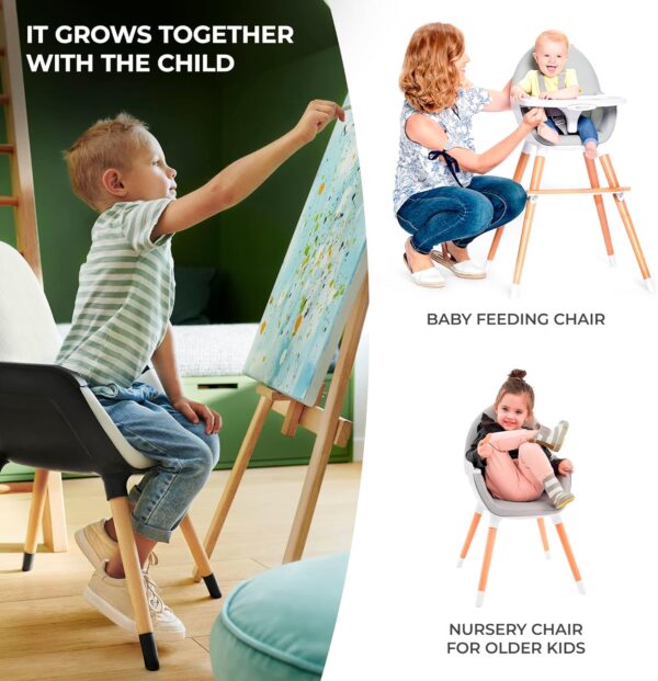 Kinderkraft Fini 2-in-1 High Chair, Baby Chair, Combination High Chair, Wooden Legs, Seat Belts, Footrest, Double Tray, from 6 Months to 5 Years, 5 Point Straps, Grey - Image 3