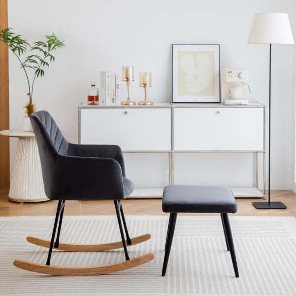 BTM Rocking Chair for Nursery, Rocking Chair with Footstool & Soft Cushion & Solid Wood Legs, Single Recliner, Lounge Chair for Living Room Bedroom/Office/Patio, Dark Grey - Image 3